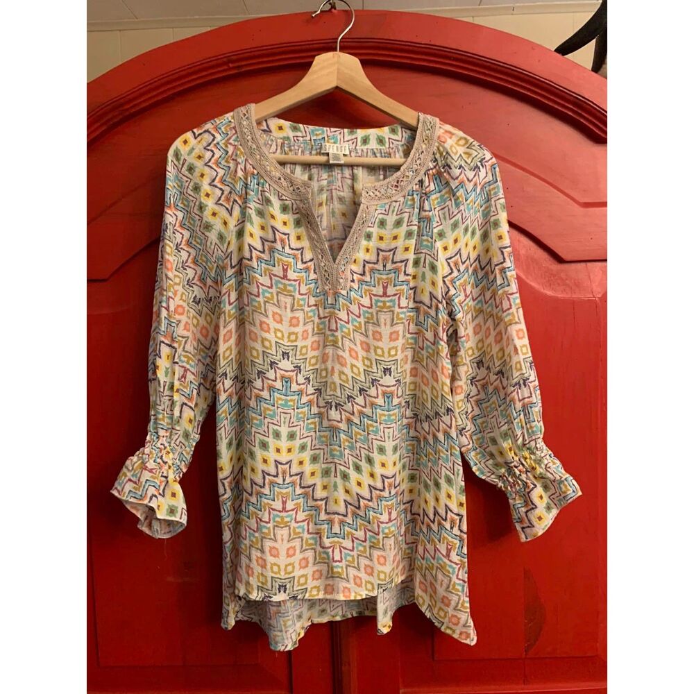 Spense Small Multicolor Boho Top Blouse Shirt Lace Trimmed Neck Soft Light EUC